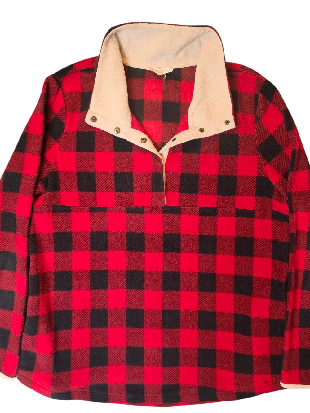 Entro Womans Large Buffalo Plaid Snap Pullover Fleece Jacket with Cream Collar